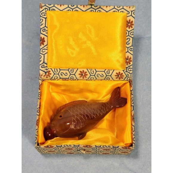 Koi Fish Hand Carved Snuff Bottle Chinese Antique with Storage Box